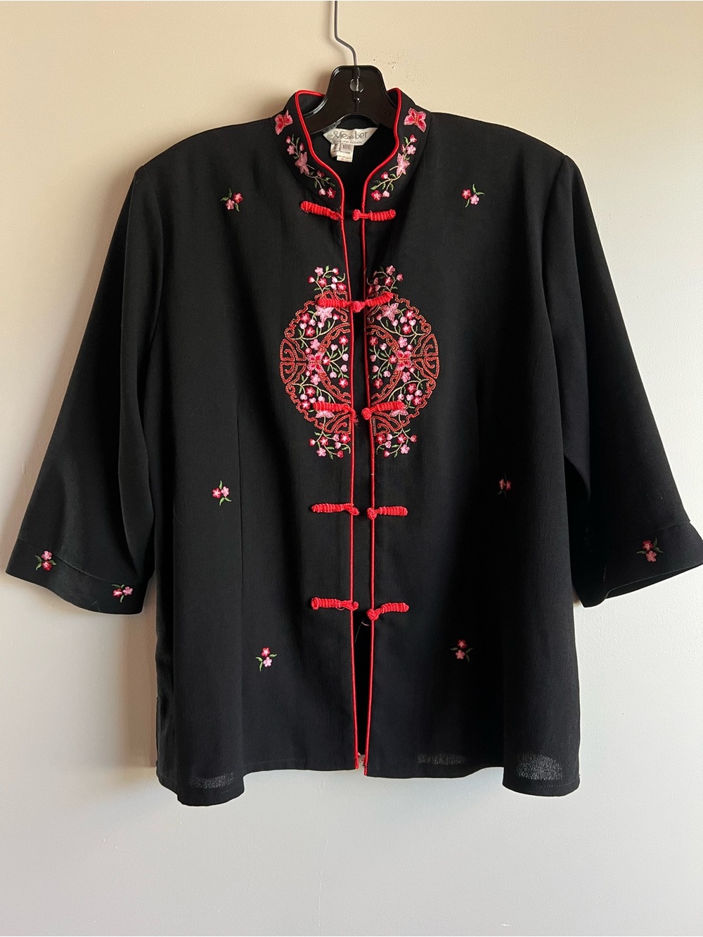 Member Black Embroidered Mandarin Jacket Womens XXXL Floral Asian Frog Closure